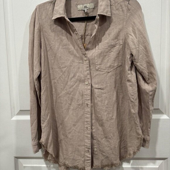 Women’s Thread & Supply Linen Blend Button Up Top Short Distressed NWT Brown Tan - Picture 2 of 7